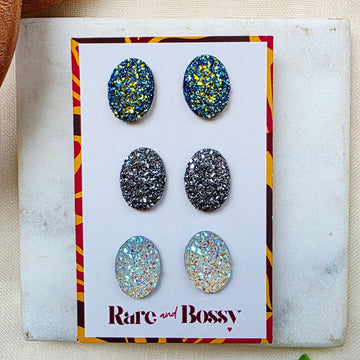 Navy Oval Druzy Studs Trio