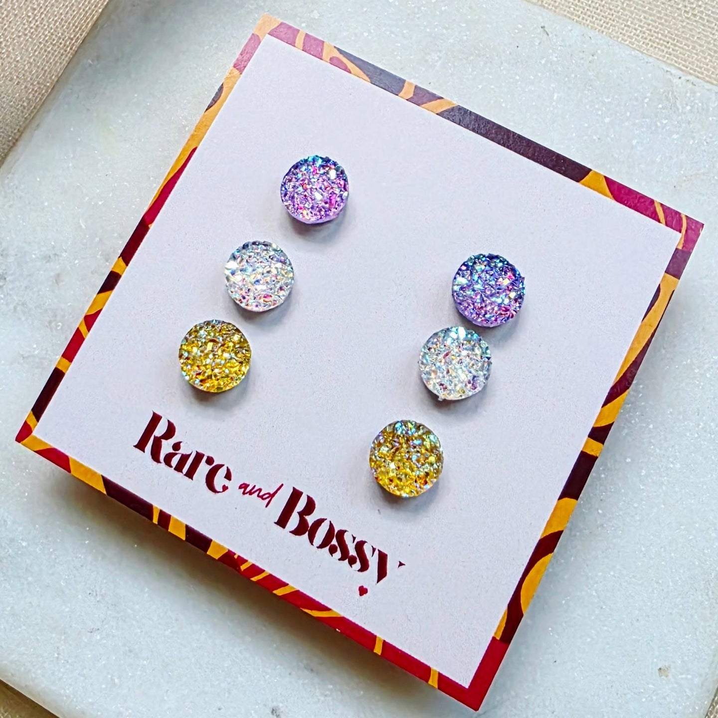 Purple Crystal Yellow Mini Druzy Studs Trio