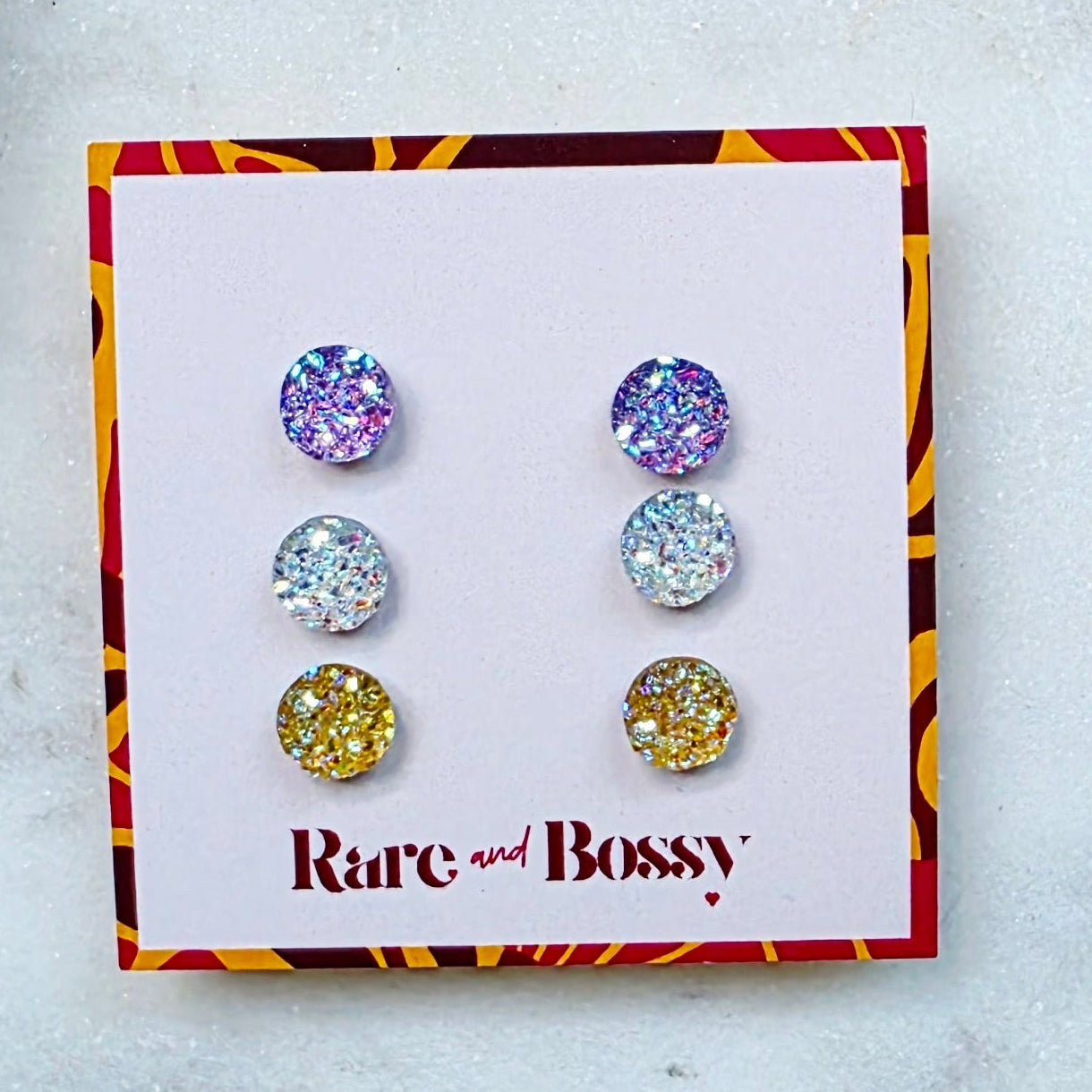 Purple Crystal Yellow Mini Druzy Studs Trio