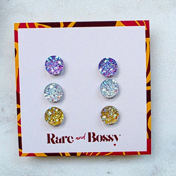 Purple Crystal Yellow Mini Druzy Studs Trio