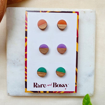 Orange Purple Green Circle Studs Trio