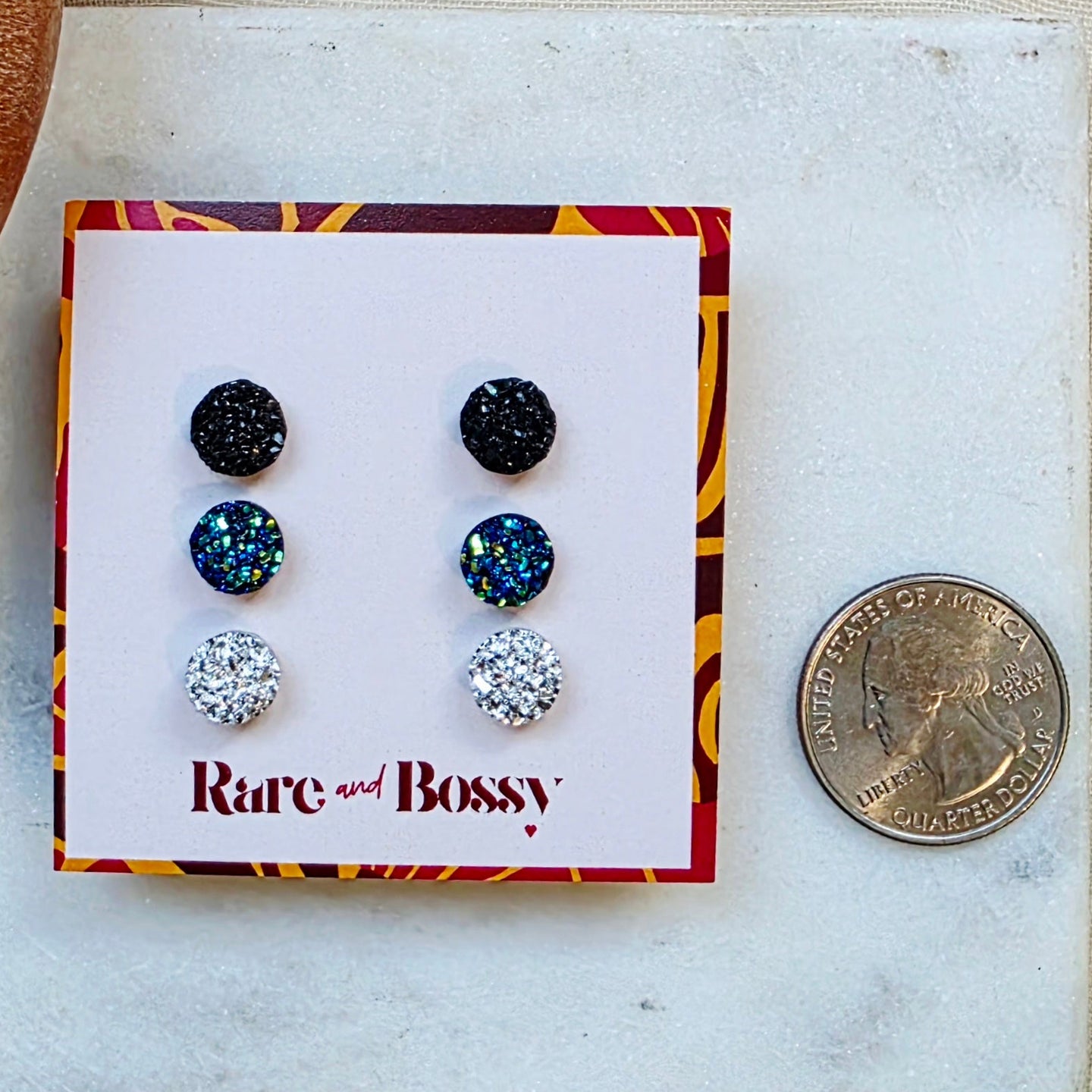Black Blue Silver Mini Druzy Studs Trio