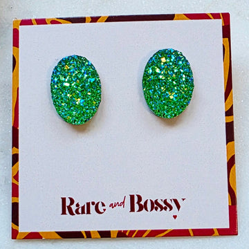 Green Oval Druzy Studs