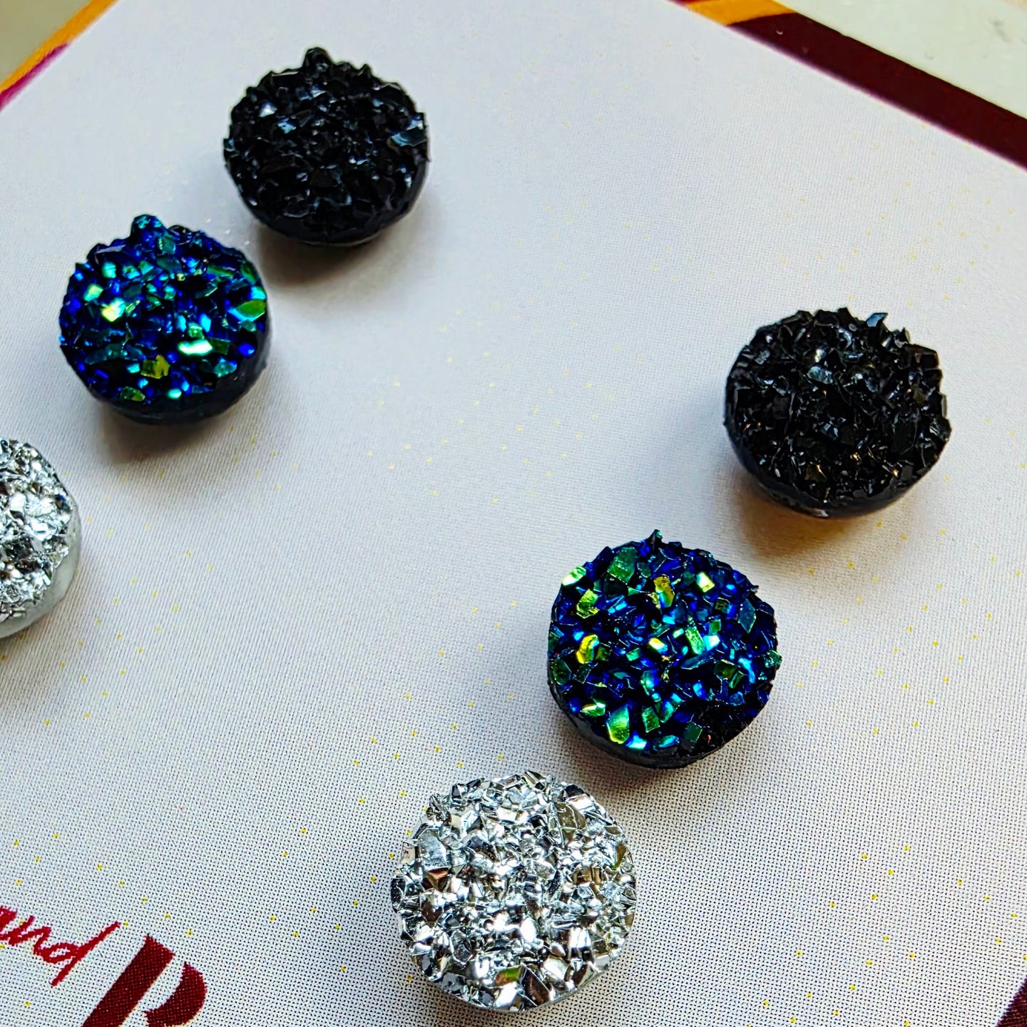 Black Blue Silver Mini Druzy Studs Trio