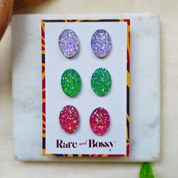 Purple Oval Druzy Studs Trio