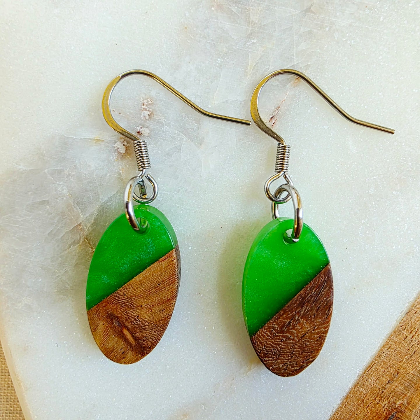 Green Oval Wood+Resin Dangles