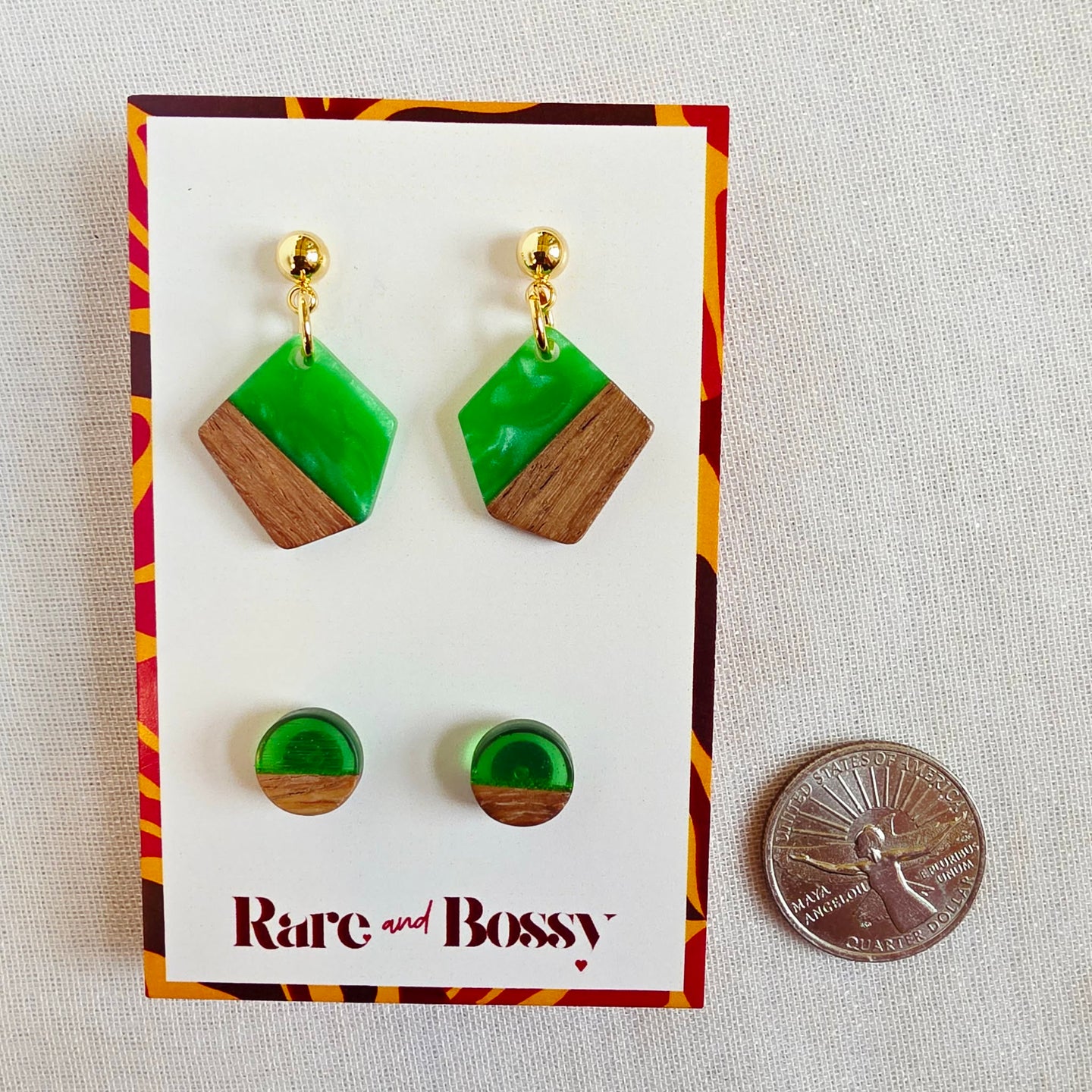 Green Pentagon Dangles + Studs Duo