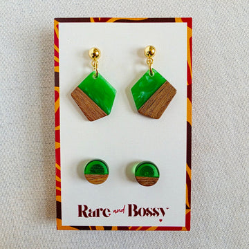 Green Pentagon Dangles + Studs Duo