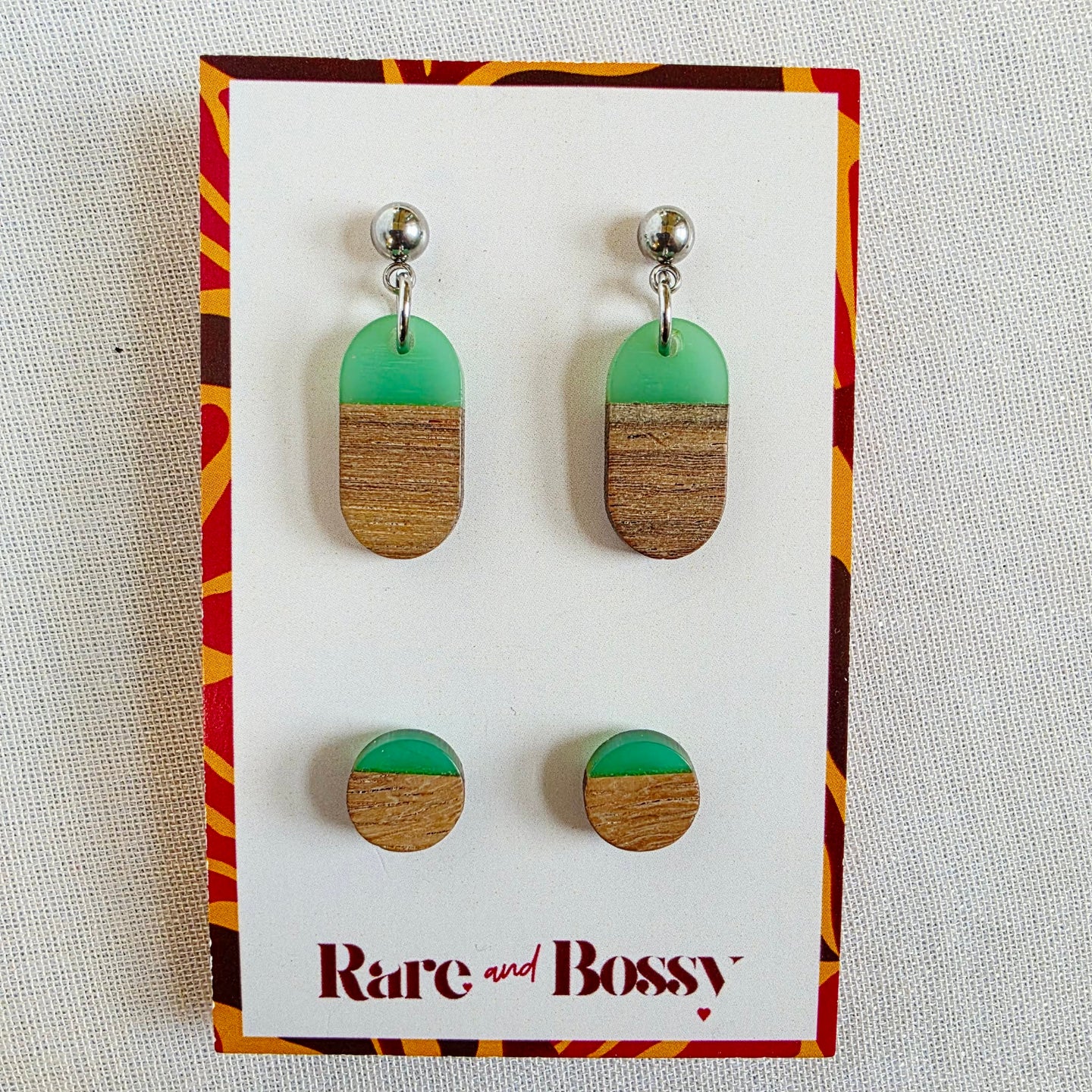 Green Oval Dangles+Studs Duo