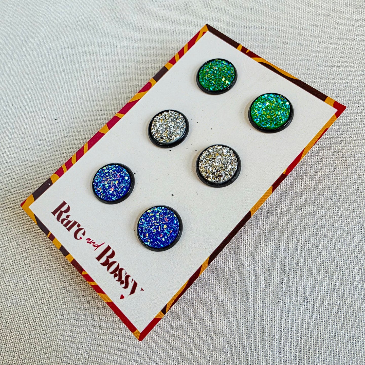 Green Silver Blue Druzy Studs Trio