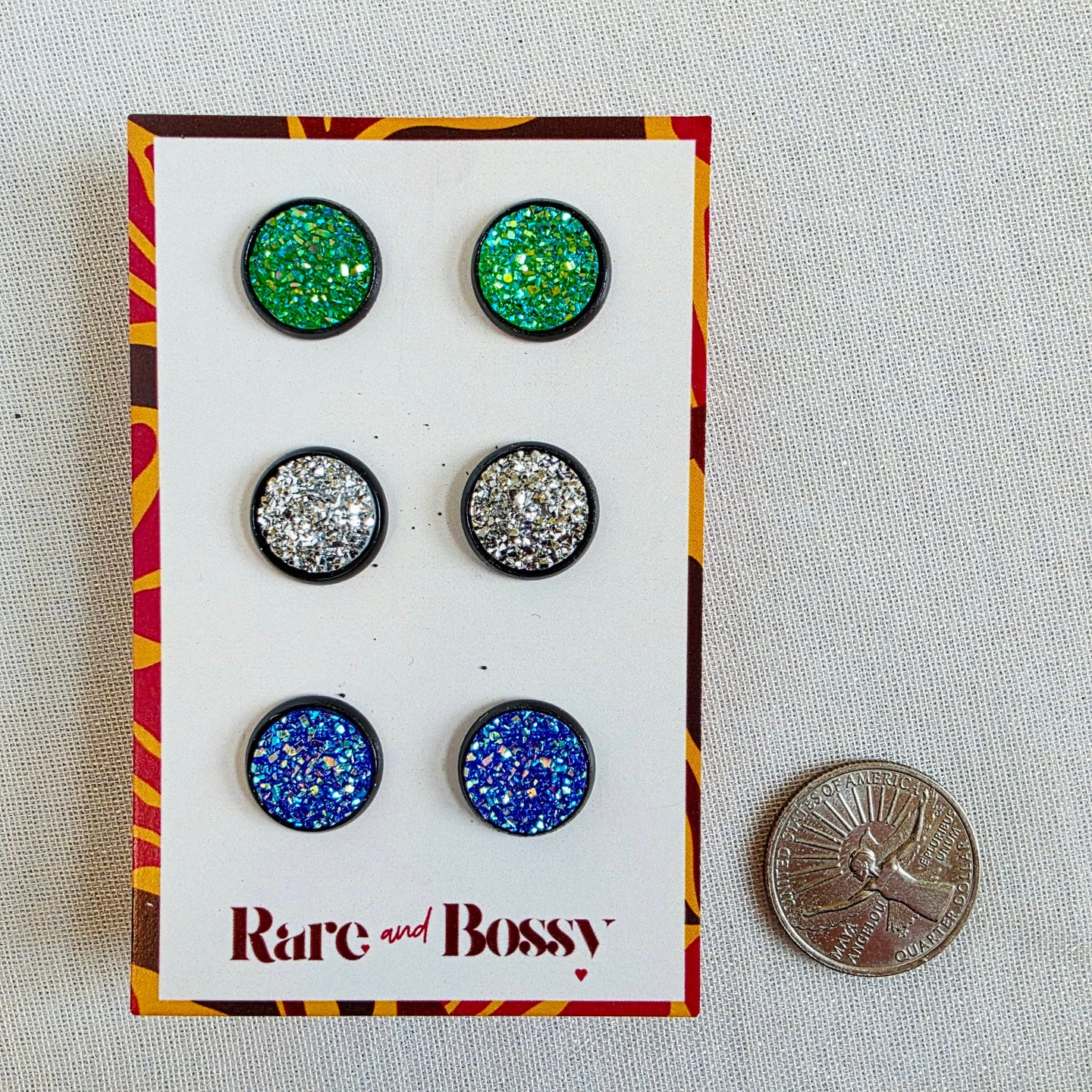 Green Silver Blue Druzy Studs Trio