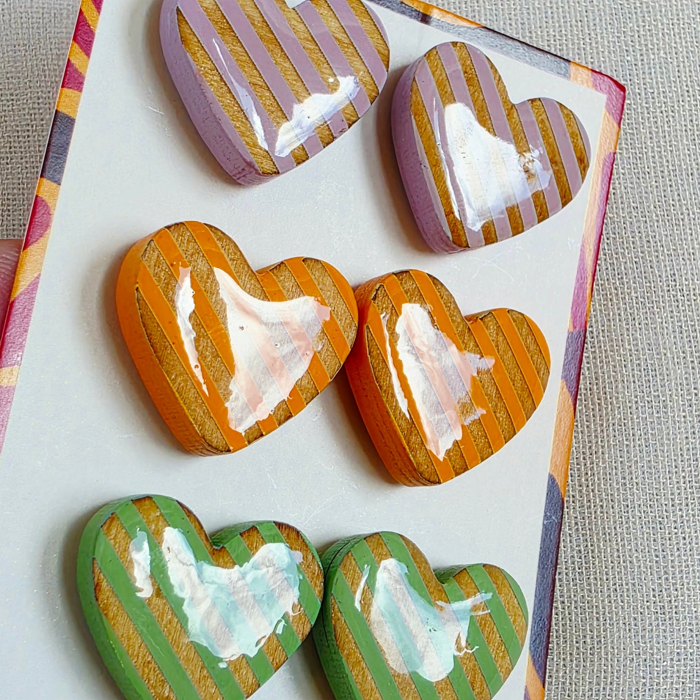 Purple Orange Green Heart Studs Trio