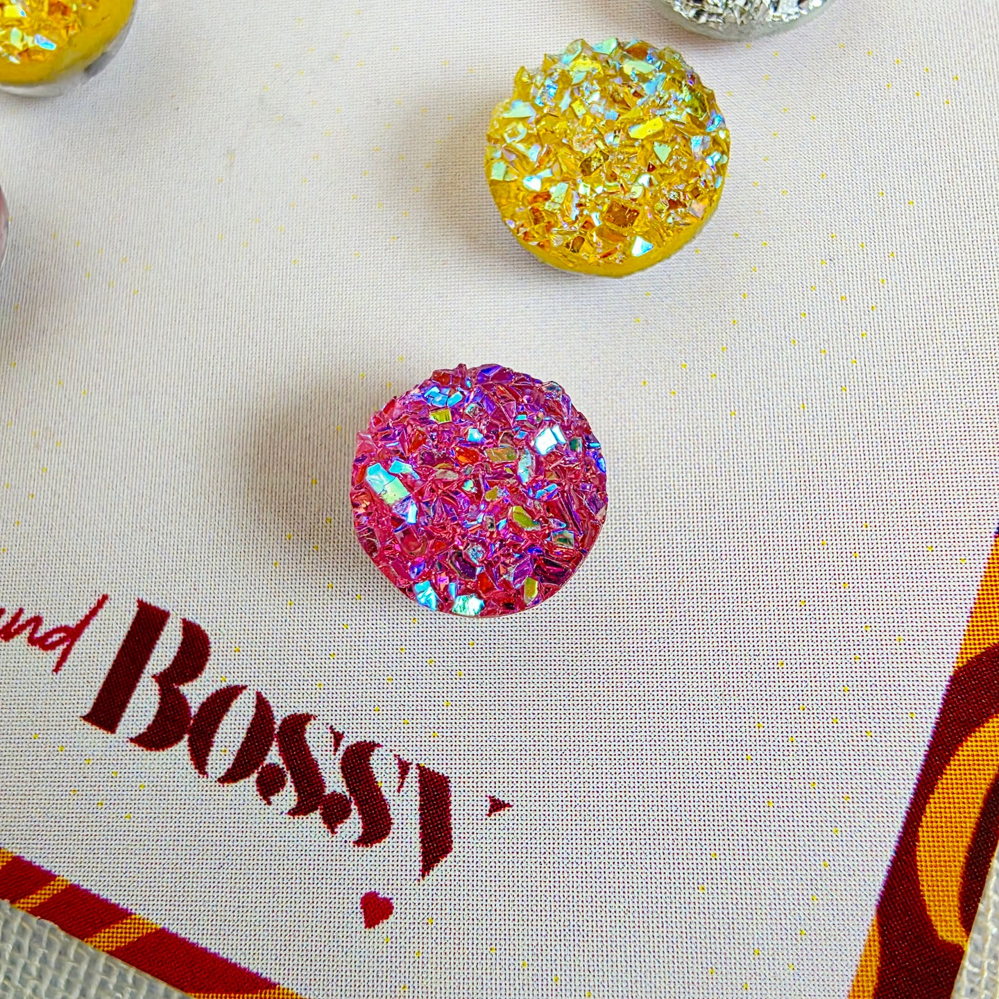 Silver Yellow Pink Druzy Studs Trio