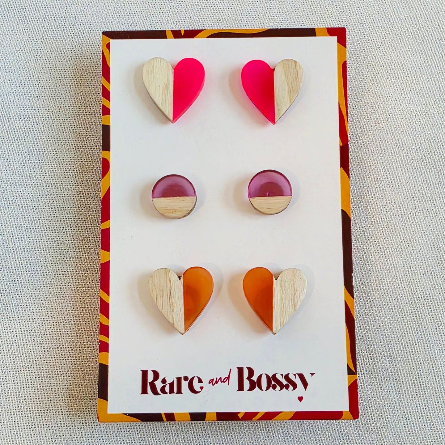 Hot Pink Purple Orange Wood + Resin Studs Trio