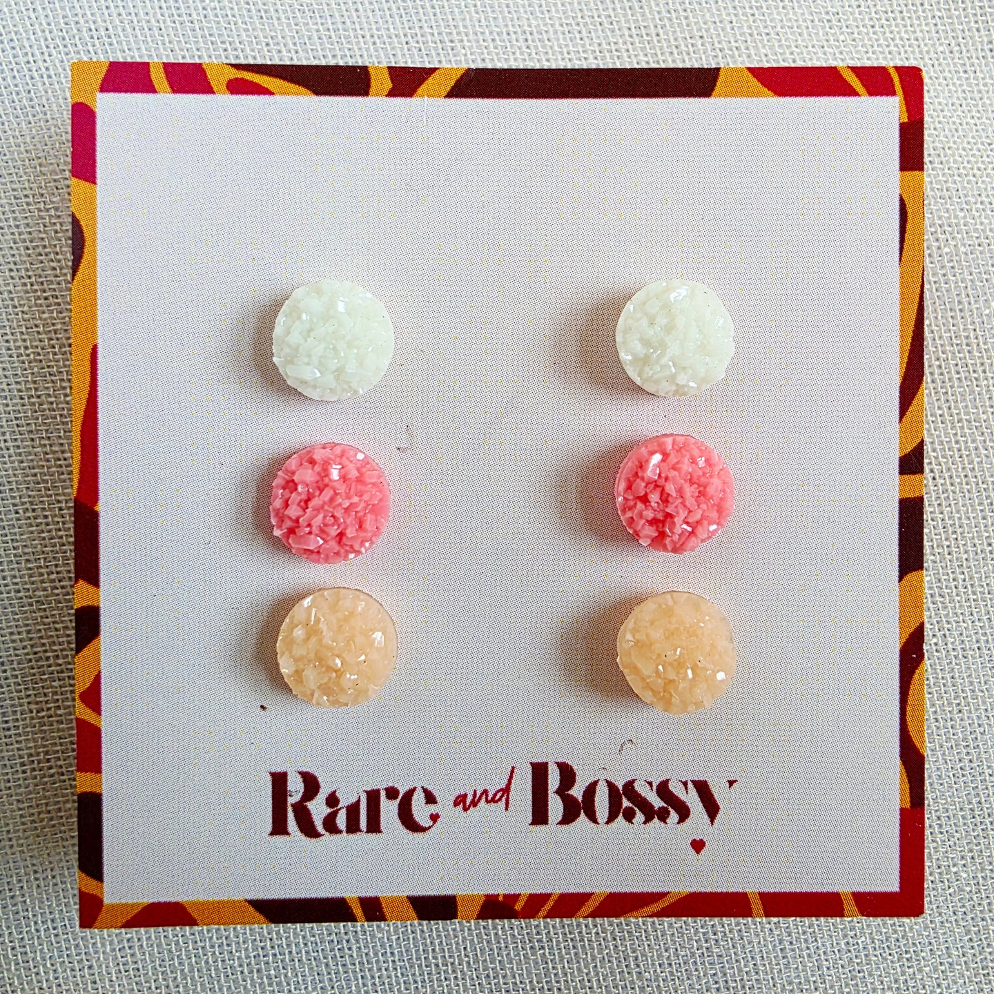 White Pink Peach Druzy Studs Trio