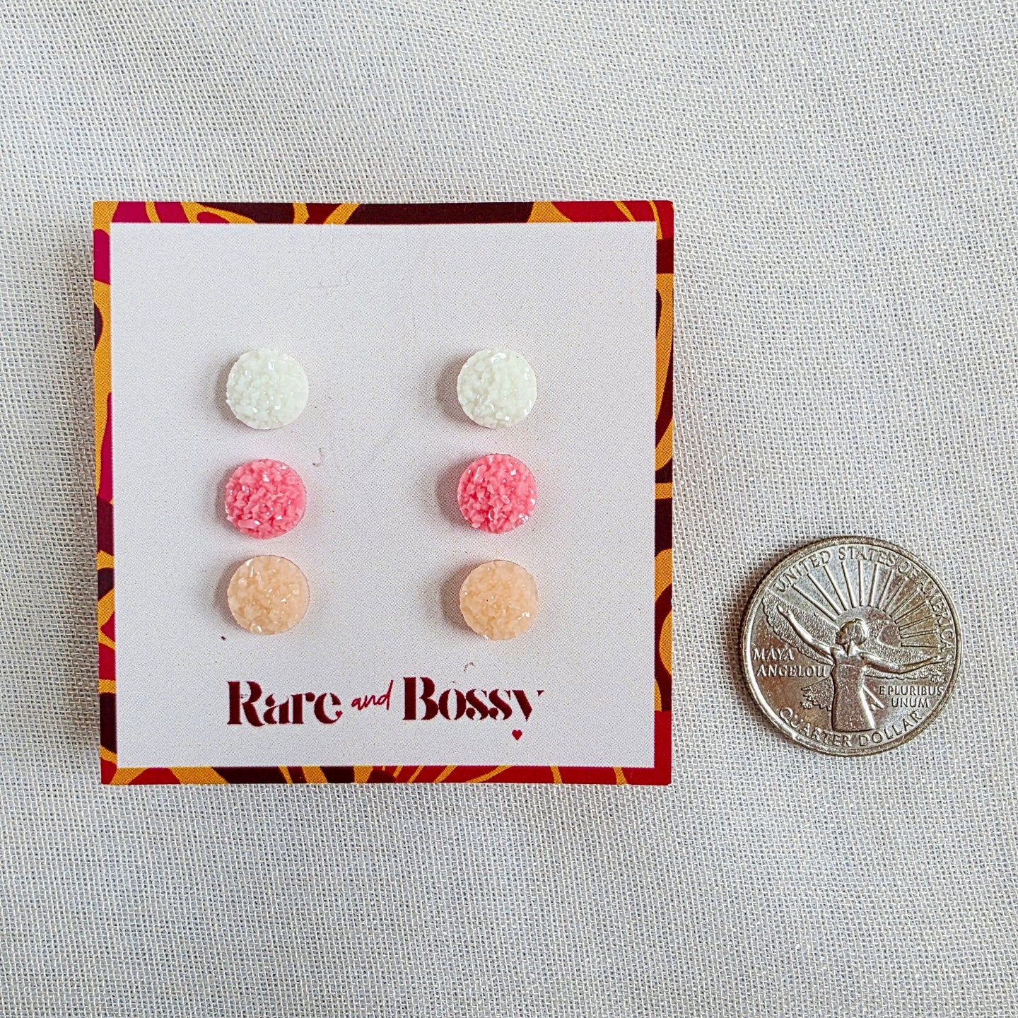 White Pink Peach Druzy Studs Trio