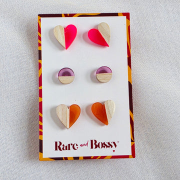 Hot Pink Purple Orange Wood + Resin Studs Trio