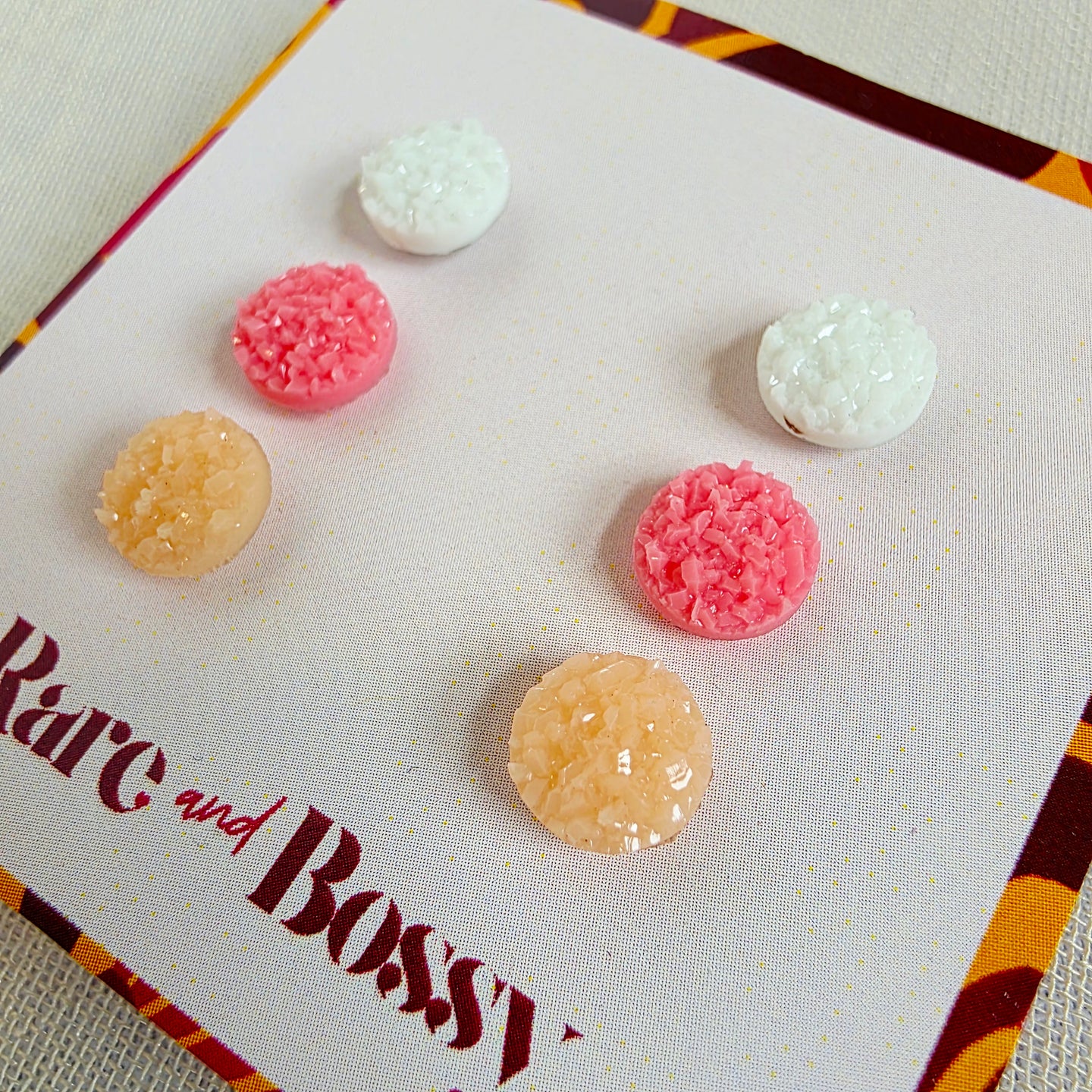 White Pink Peach Druzy Studs Trio