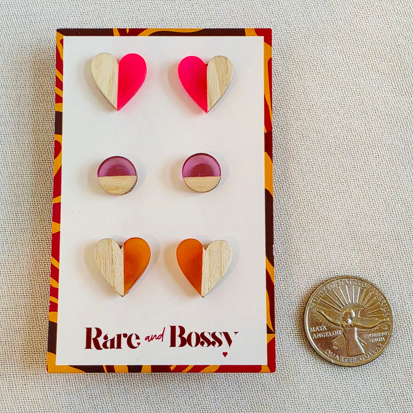 Hot Pink Purple Orange Wood + Resin Studs Trio