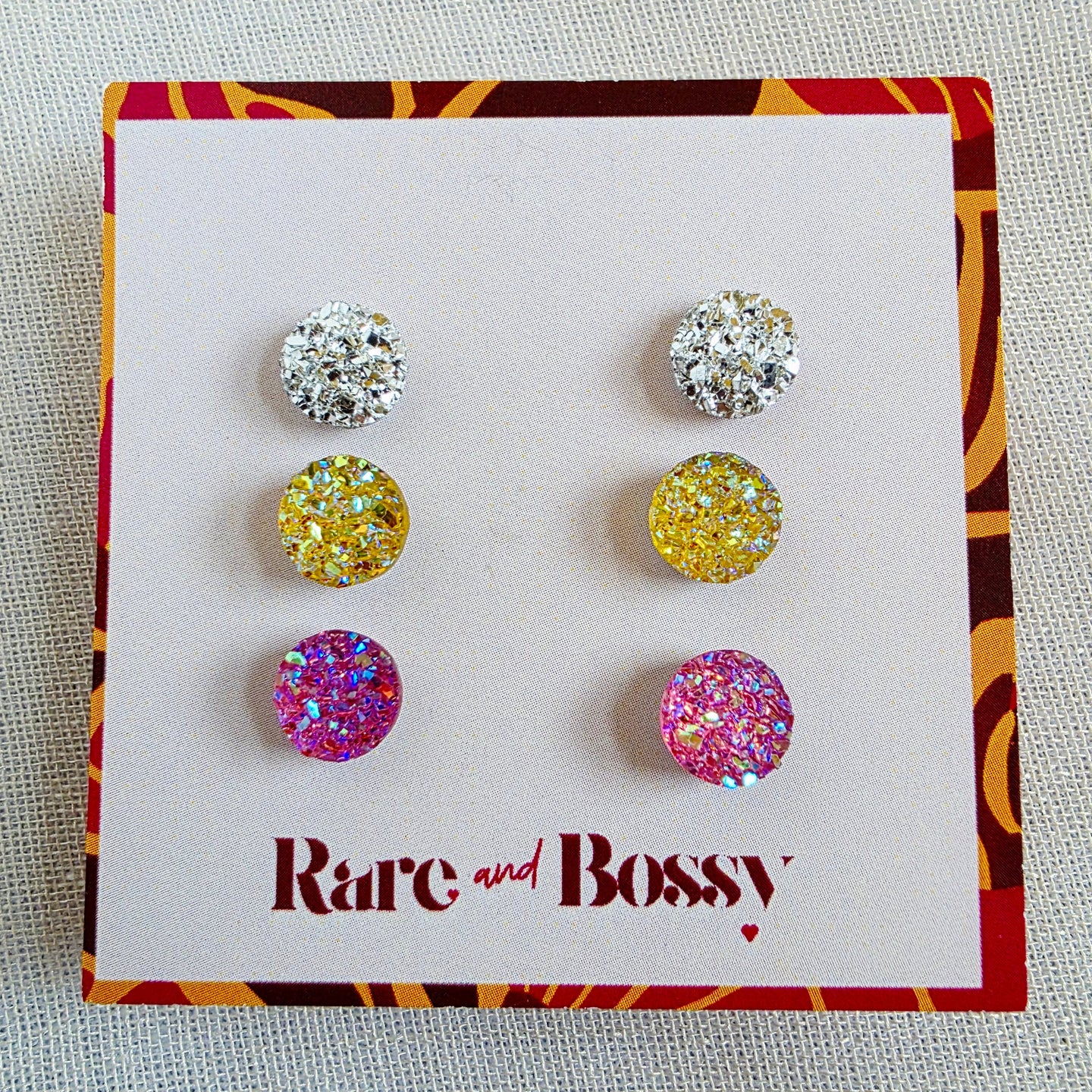 Silver Yellow Pink Druzy Studs Trio