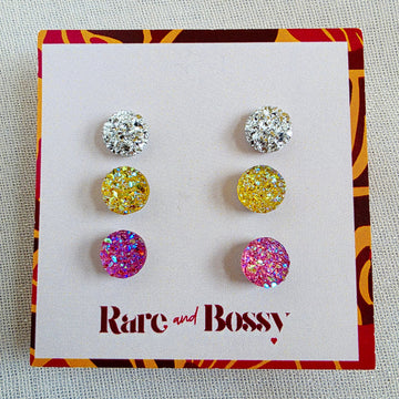 Silver Yellow Pink Druzy Studs Trio