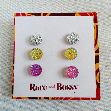 Silver Yellow Pink Druzy Studs Trio
