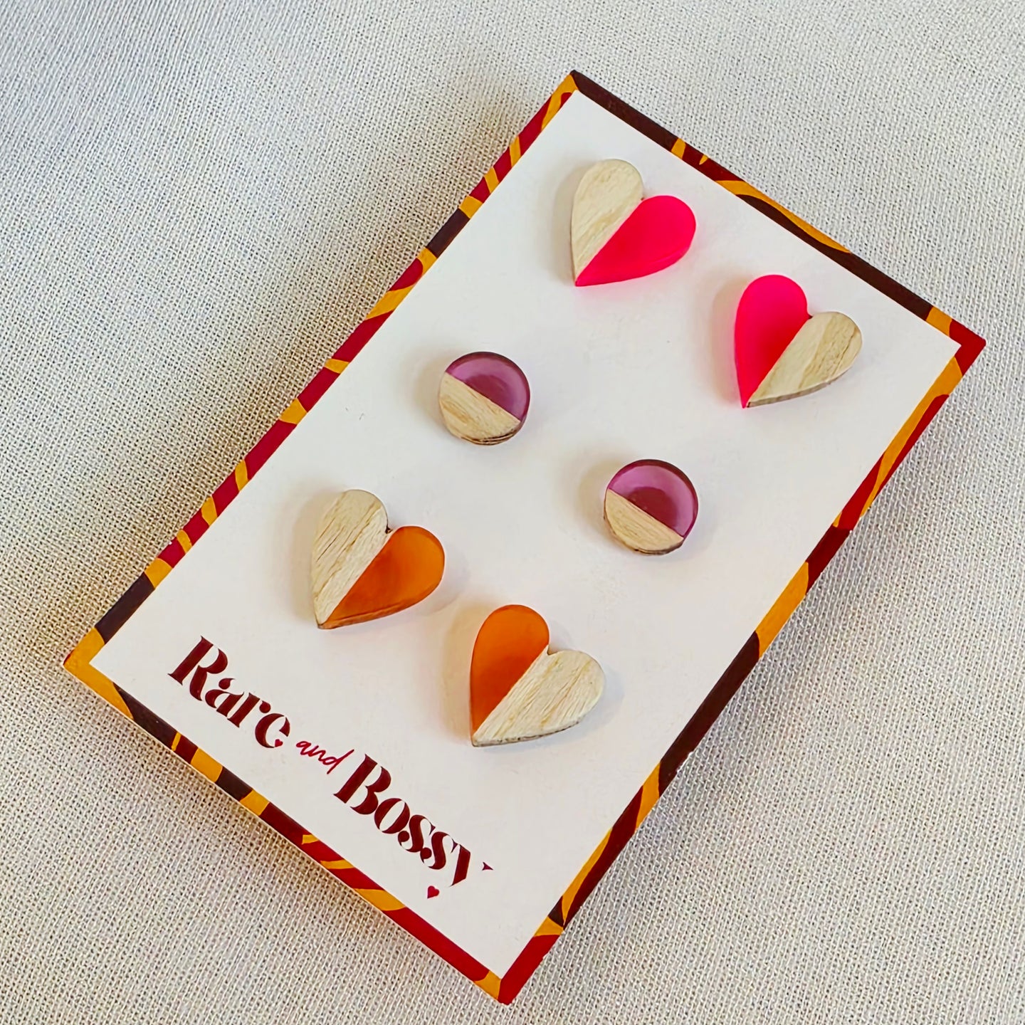 Hot Pink Purple Orange Wood + Resin Studs Trio