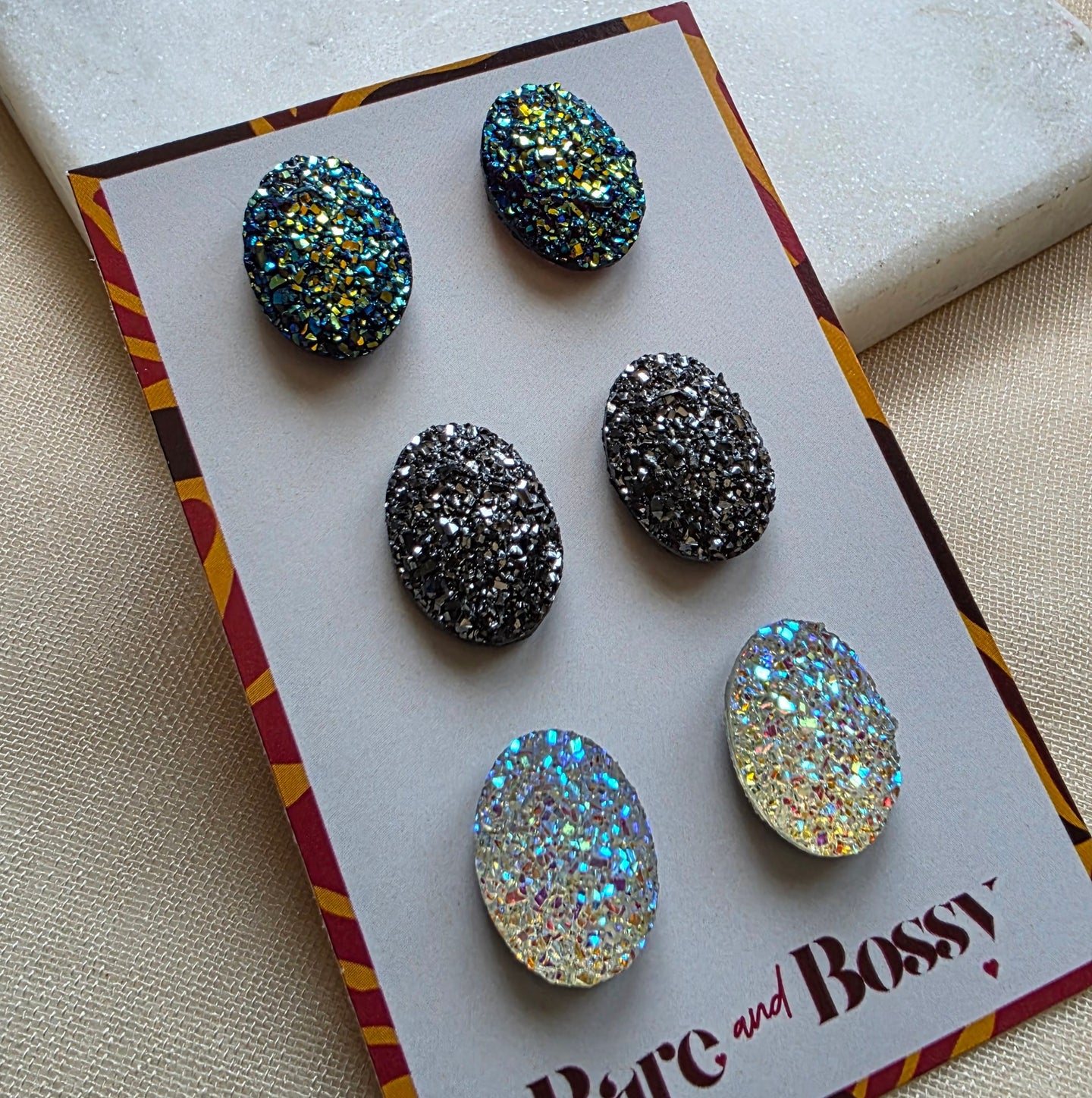 Navy Oval Druzy Studs Trio