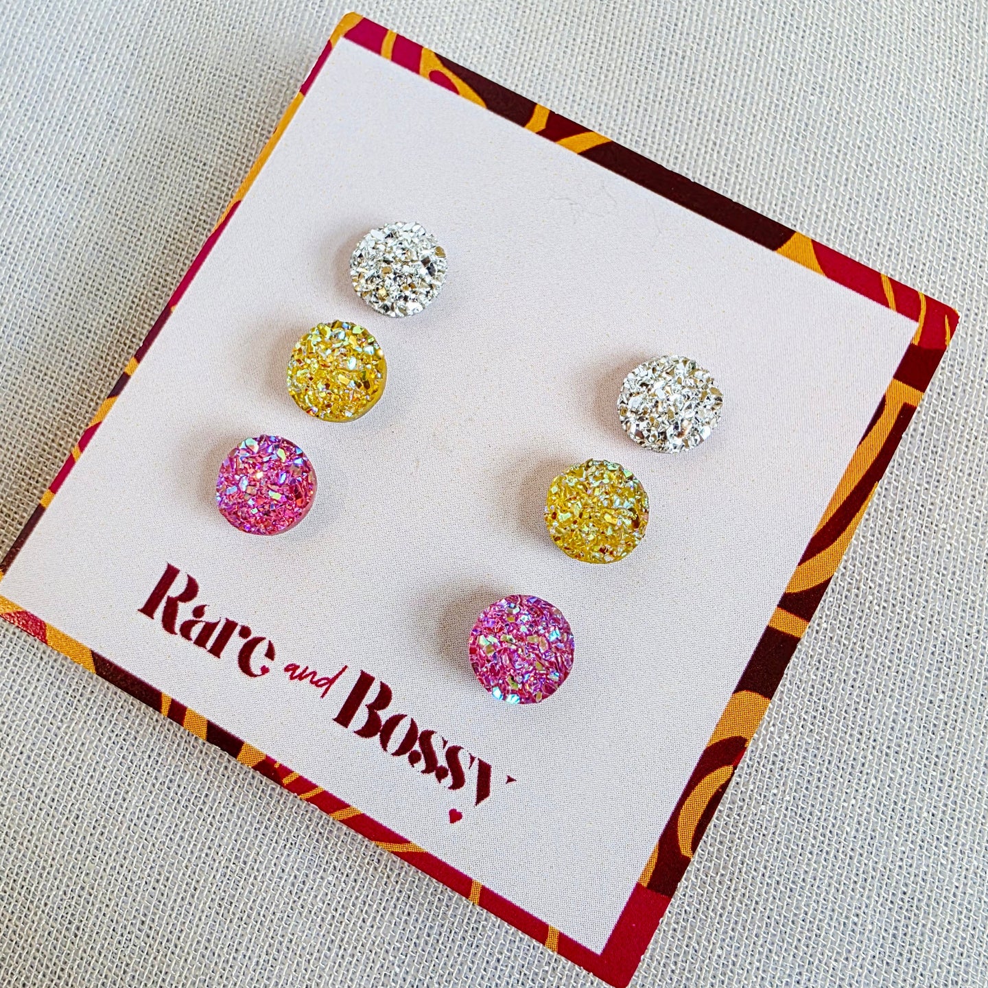 Silver Yellow Pink Druzy Studs Trio