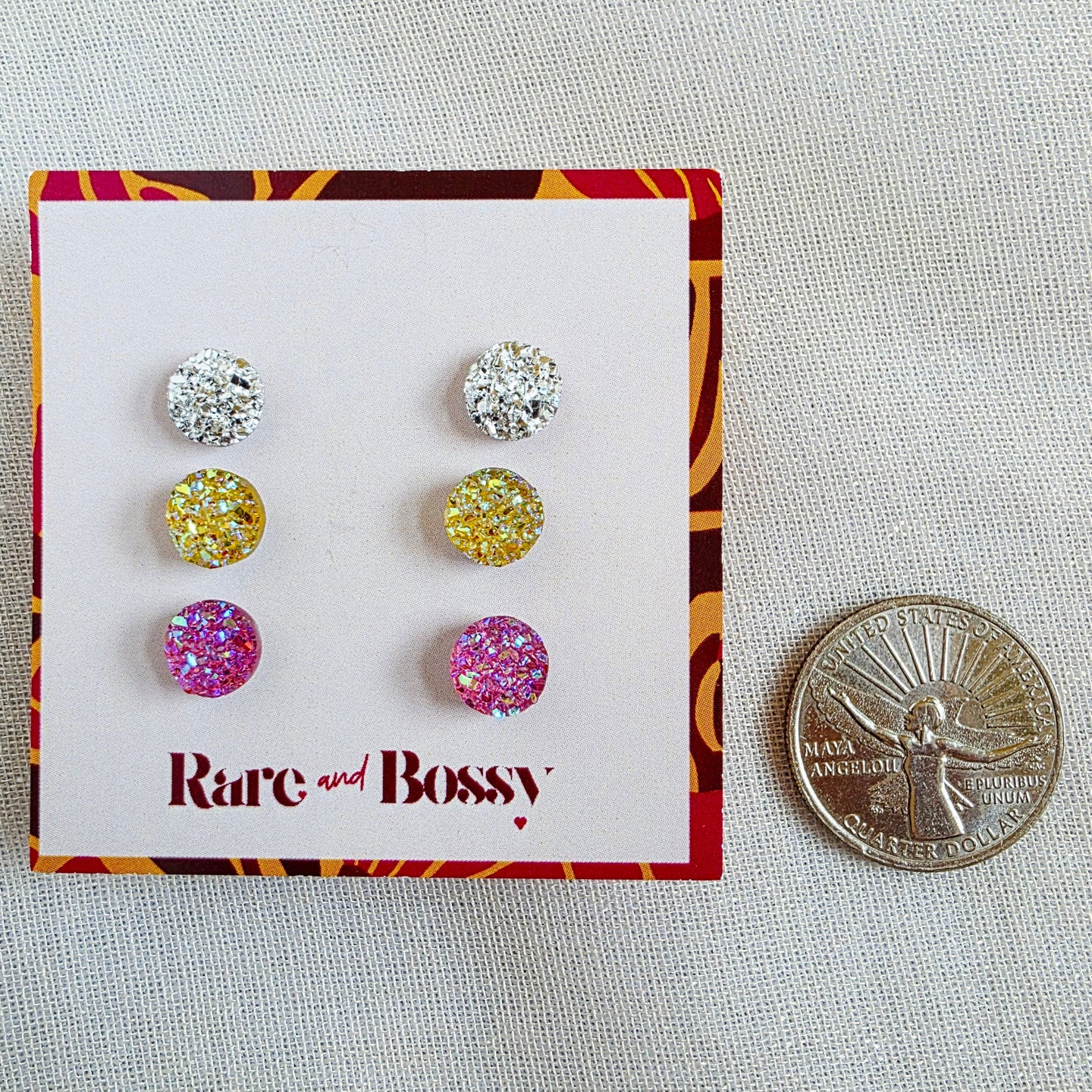 Silver Yellow Pink Druzy Studs Trio