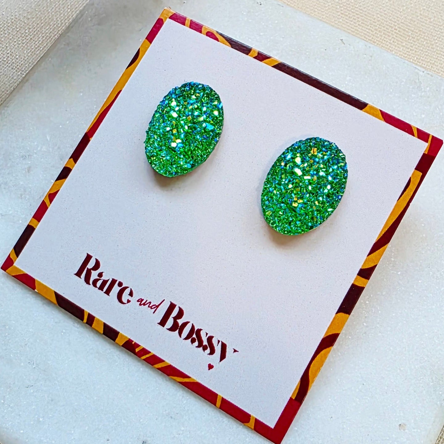 Green Oval Druzy Studs