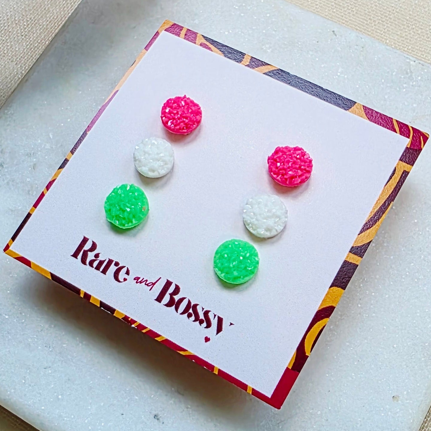 Pink Matte Mini Druzy Studs Trio
