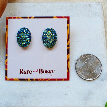 Navy Oval Druzy Studs
