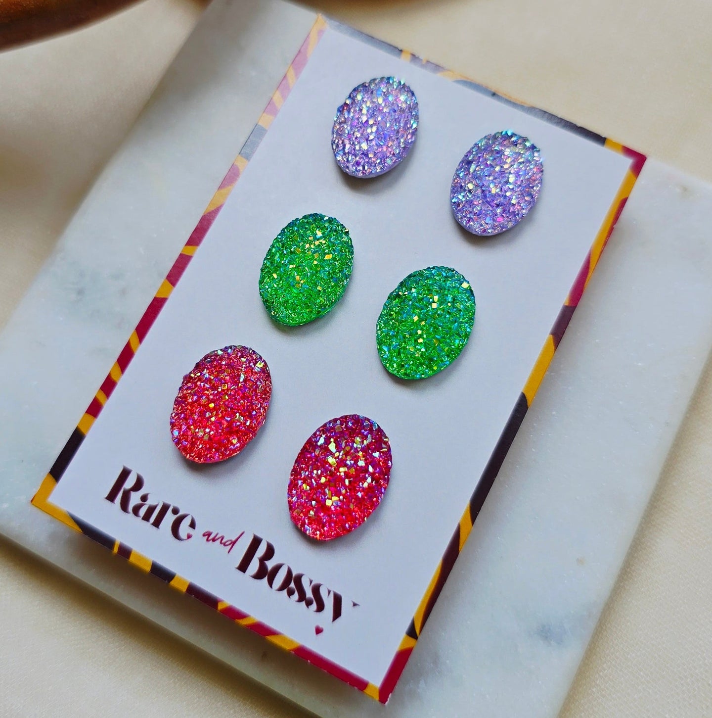 Purple Oval Druzy Studs Trio
