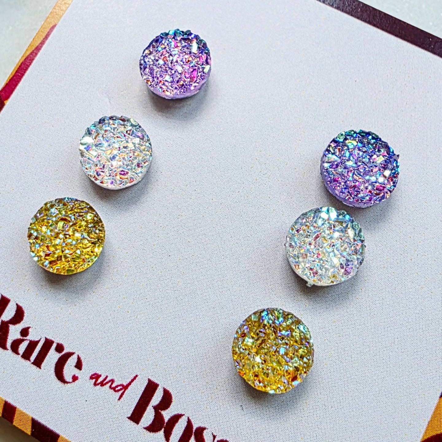 Purple Crystal Yellow Mini Druzy Studs Trio