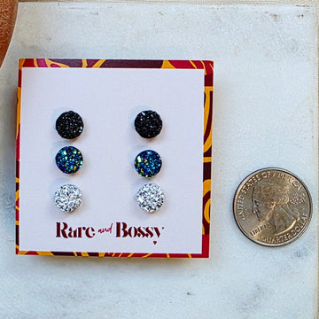 Black Blue Silver Mini Druzy Studs Trio