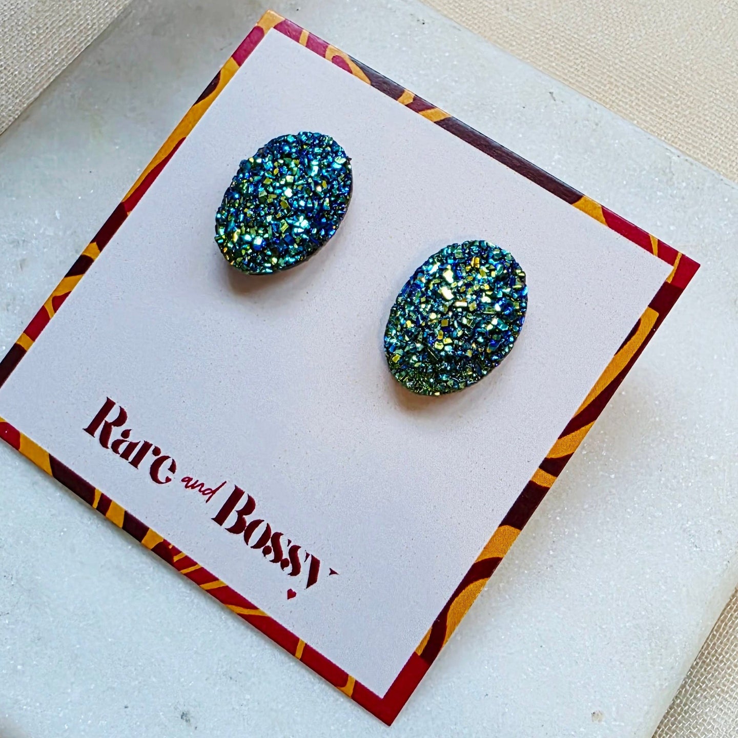 Navy Oval Druzy Studs