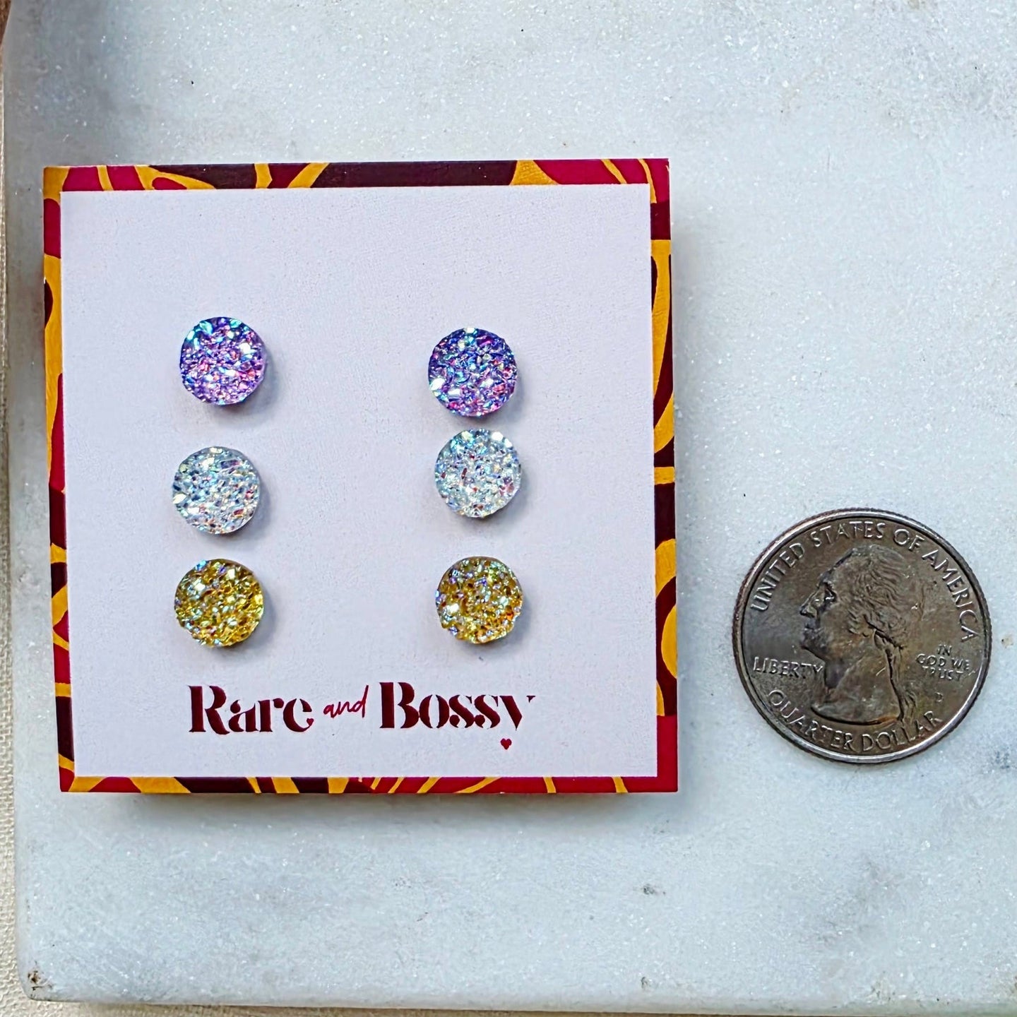 Purple Crystal Yellow Mini Druzy Studs Trio
