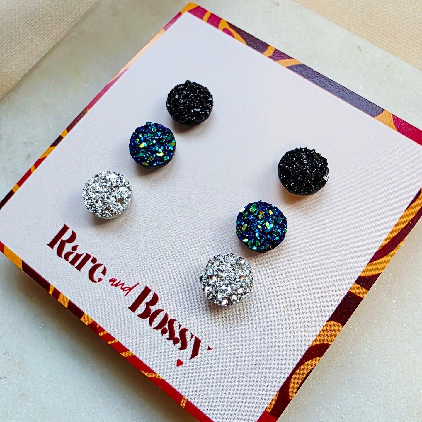 Black Blue Silver Mini Druzy Studs Trio