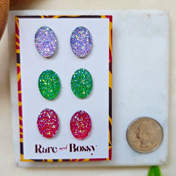 Purple Oval Druzy Studs Trio