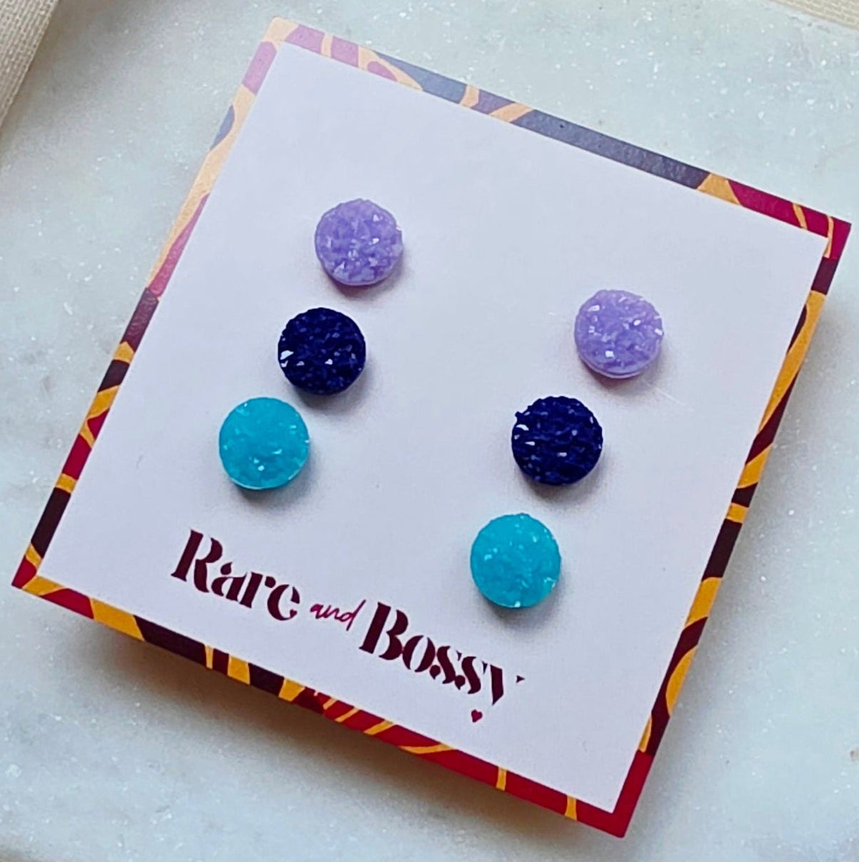 Purple Blue Matte Mini Druzy Studs Trio