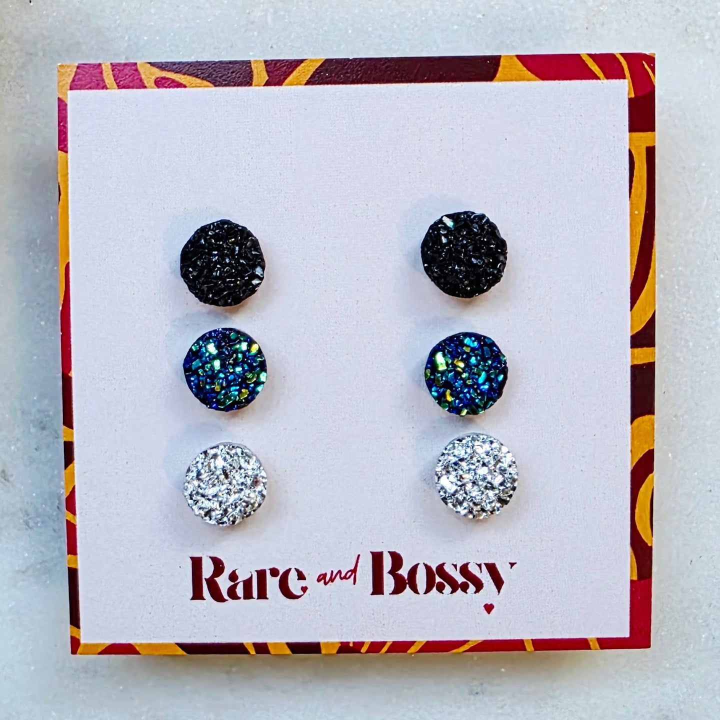 Black Blue Silver Mini Druzy Studs Trio