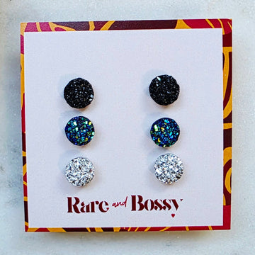 Black Blue Silver Mini Druzy Studs Trio