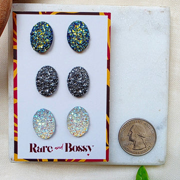 Navy Oval Druzy Studs Trio