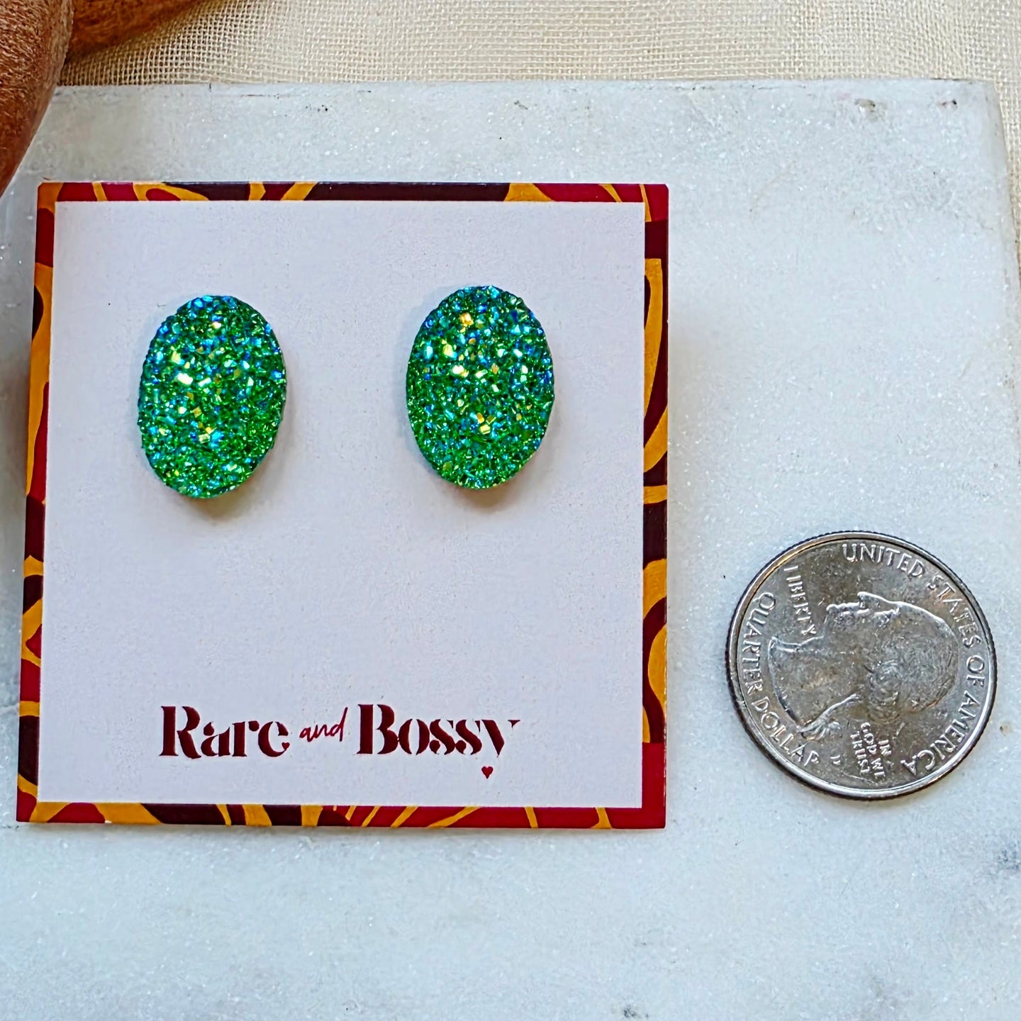 Green Oval Druzy Studs