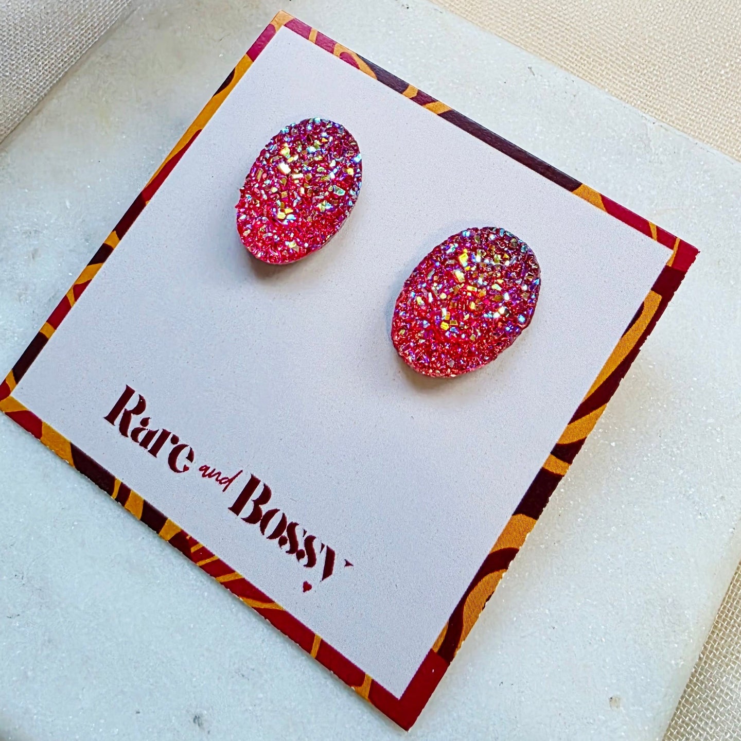 Pink Oval Druzy Studs
