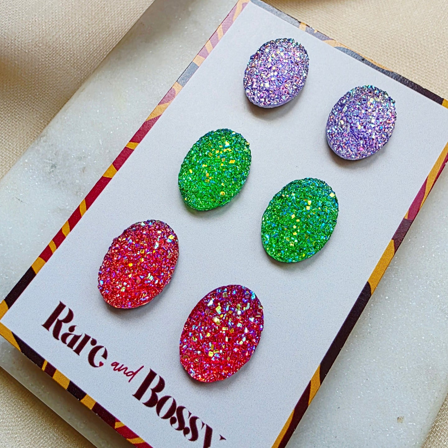 Purple Oval Druzy Studs Trio