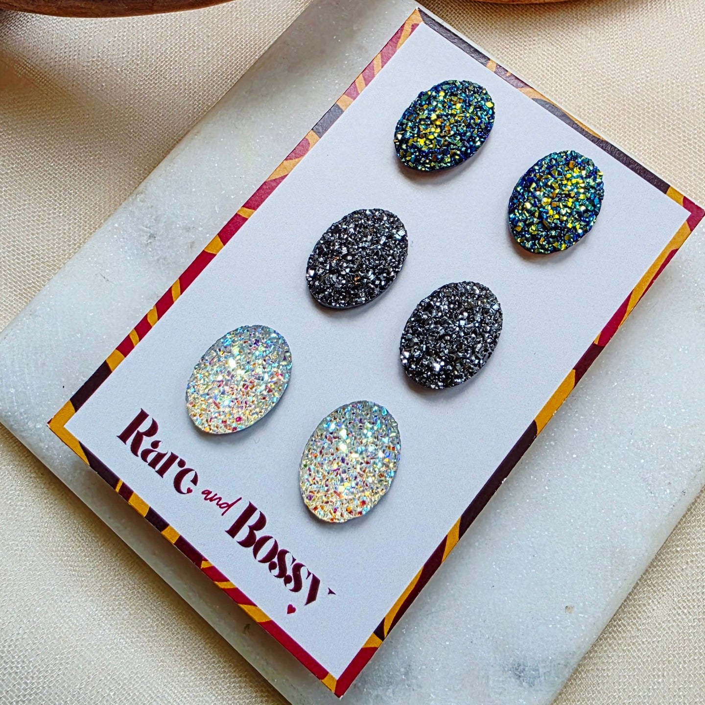 Navy Oval Druzy Studs Trio