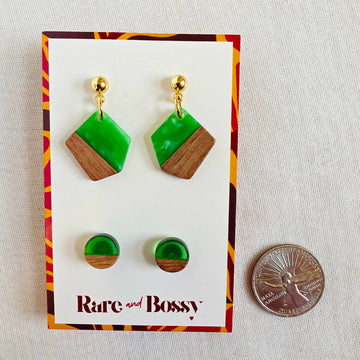 Green Pentagon Dangles + Studs Duo