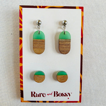 Green Oval Dangles+Studs Duo